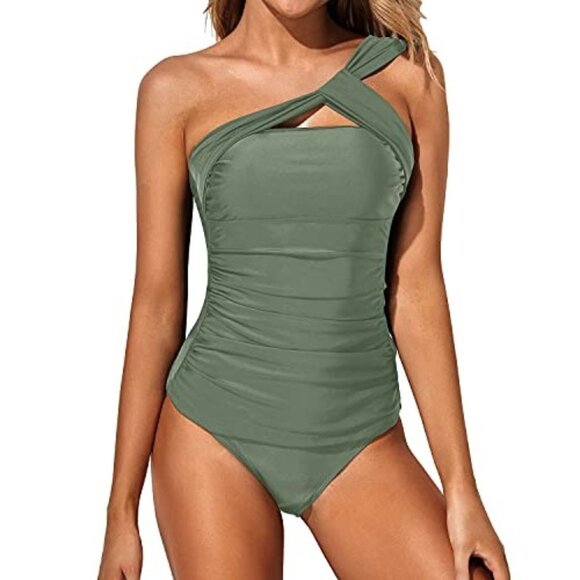 Tempt Me Size XXL Two Piece Tankini Womens One-Shoulder Asymmetrical Ruched - Picture 1 of 6